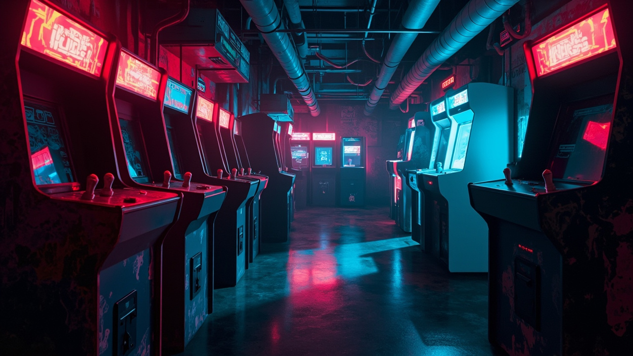 Illustration of a neon-lit retro arcade interior