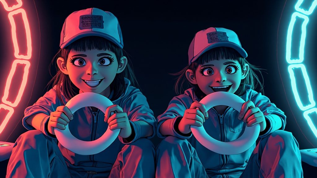 Illustration: Two animated characters wearing caps grip white circular steering wheel controllers as if racing.