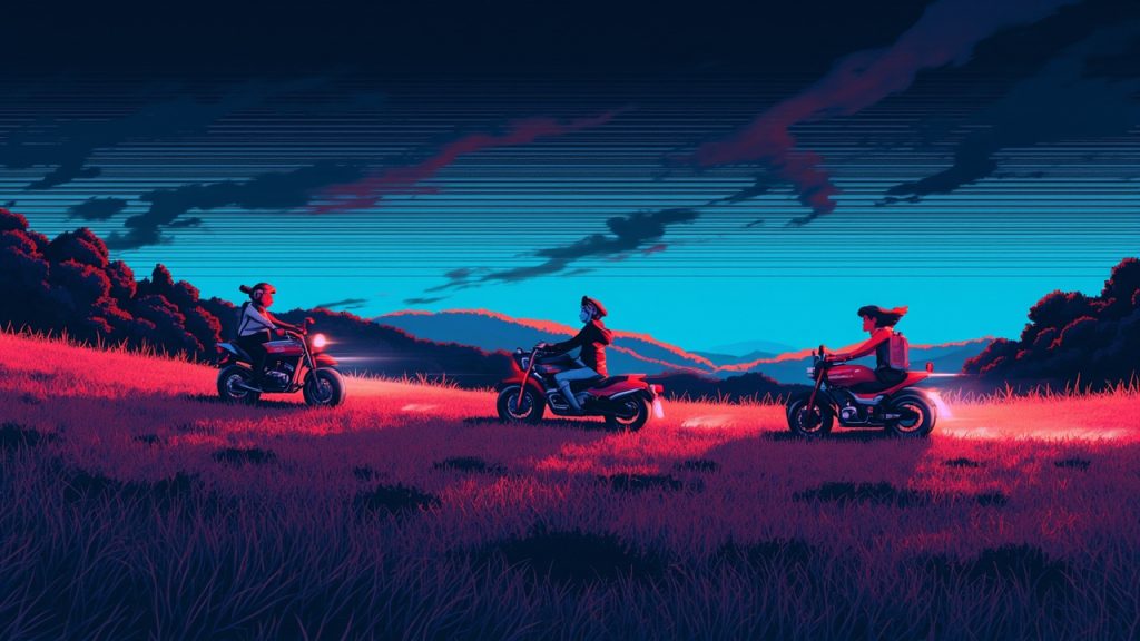 Illustration: Four animated characters ride small vehicles and motorcycles through a grassy field with trees and rolling hills in the background.