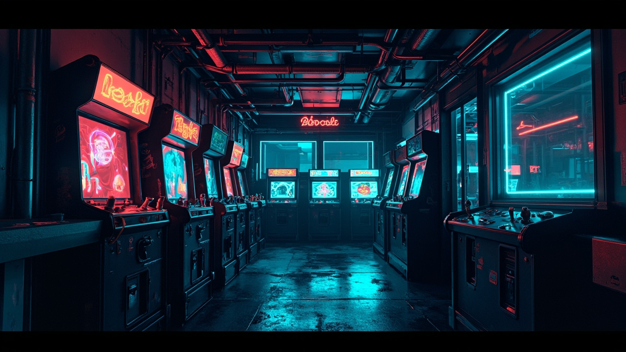 Illustration of a neon-lit retro arcade interior