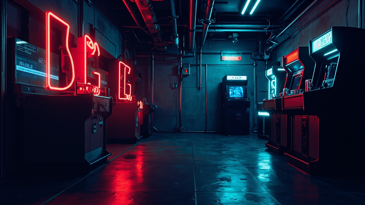 Illustration of a neon-lit retro arcade interior