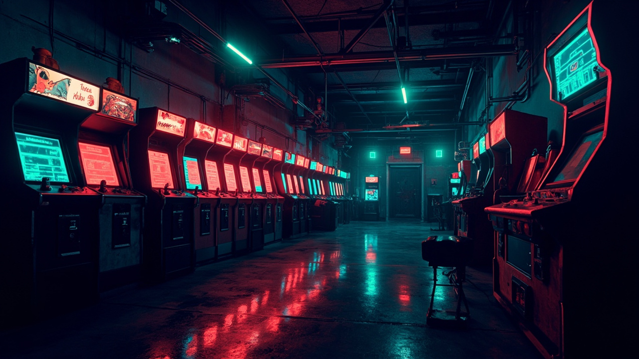 Illustration of a neon-lit retro arcade interior