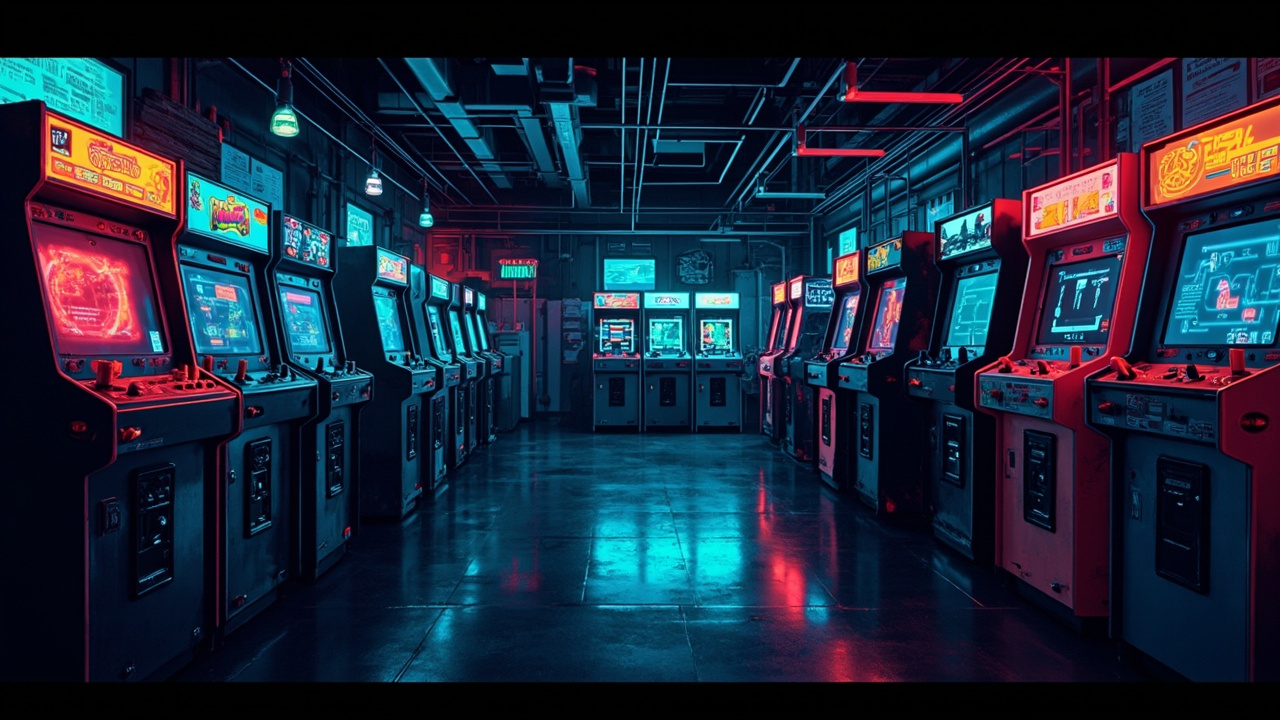 Illustration of a neon-lit retro arcade interior