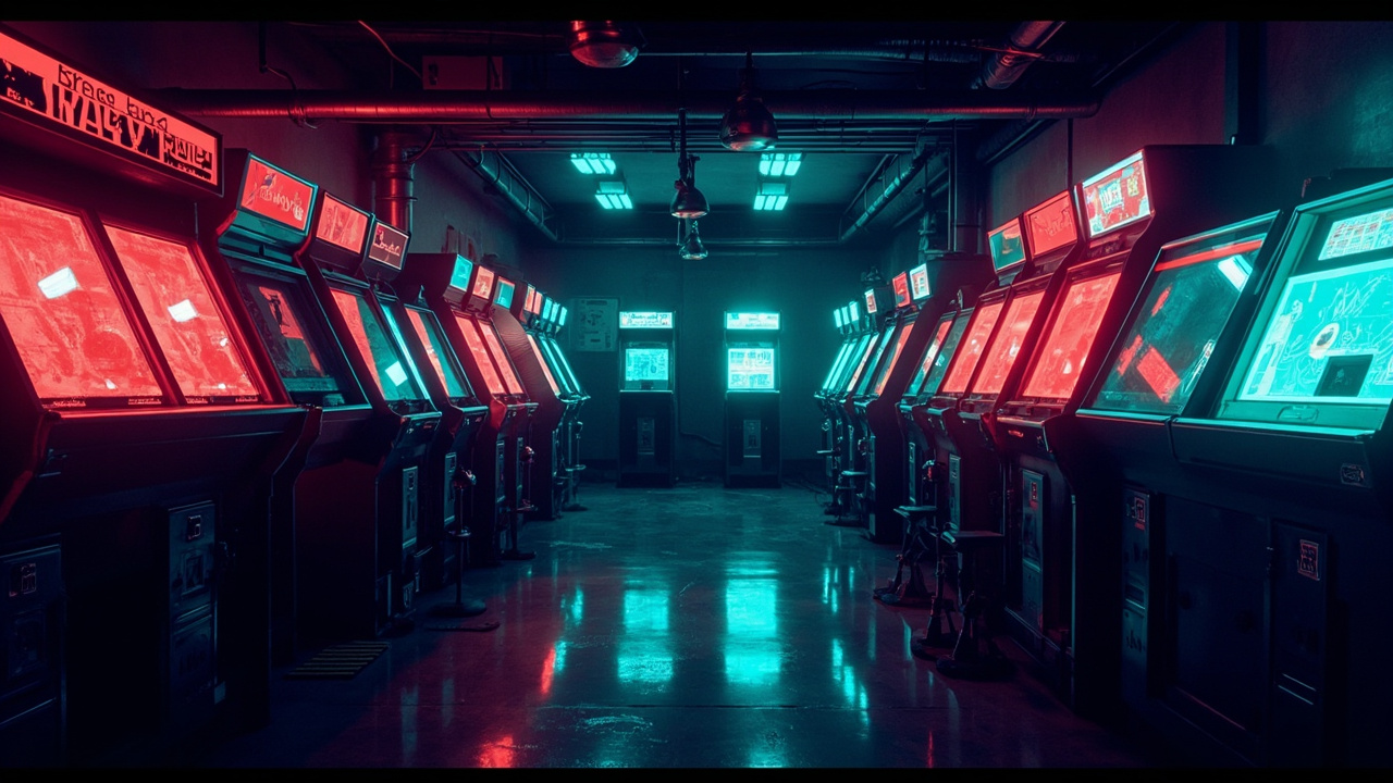Illustration of a neon-lit retro arcade interior