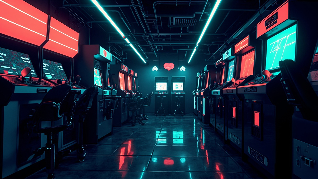 Illustration of a neon-lit retro arcade interior