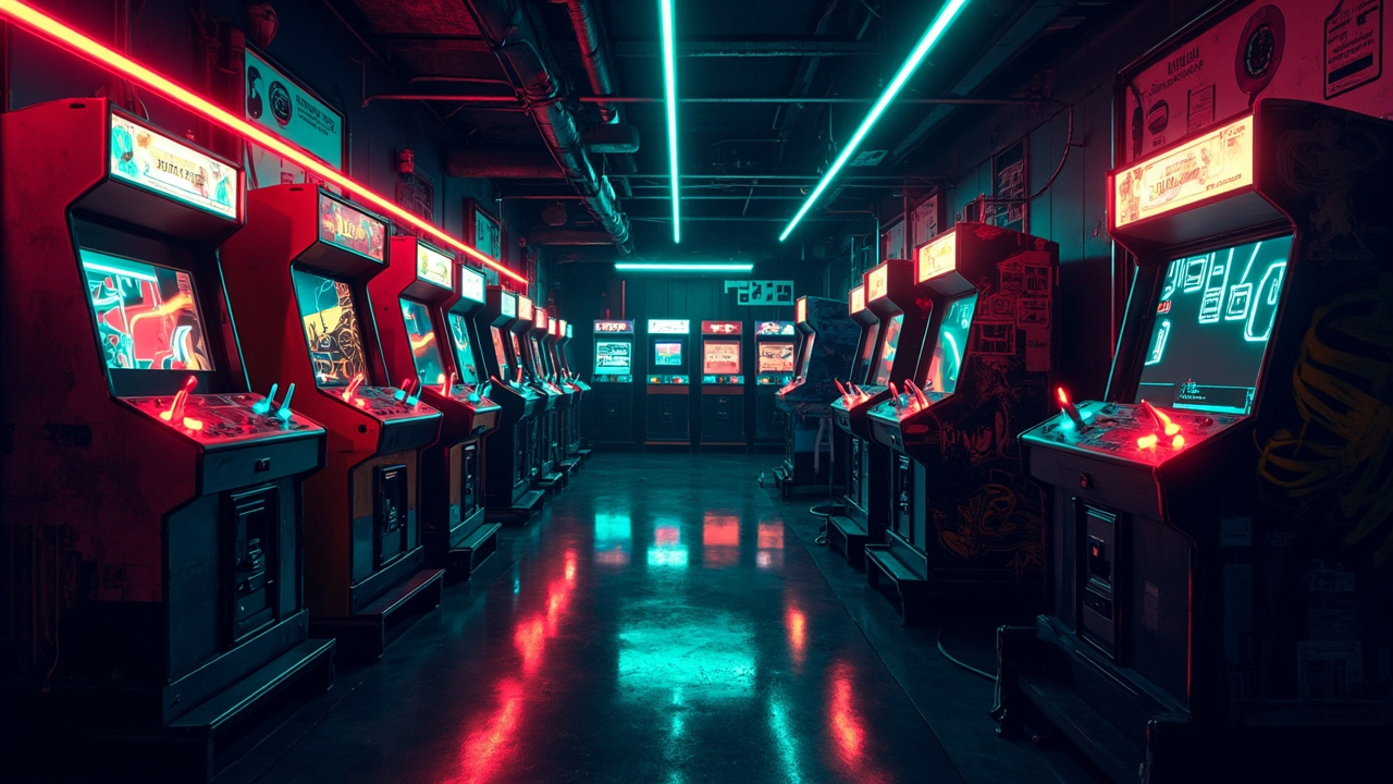 Illustration of a neon-lit retro arcade interior