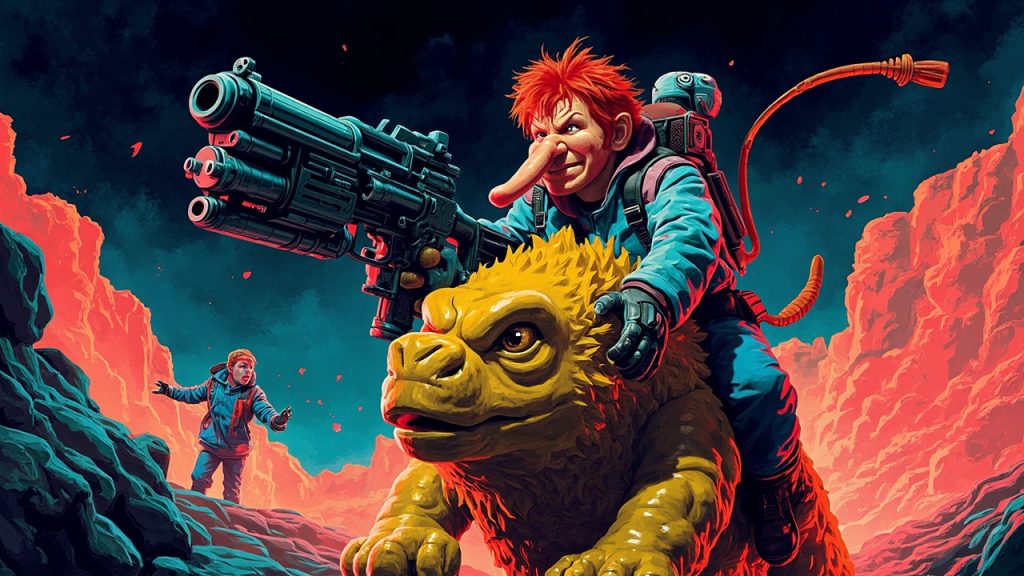 Illustration: A vibrant, hand-painted illustration depicts a red-haired, large-nosed cartoon character wielding a futuristic firearm atop a massive yellow creature, set against a prehistoric landscape with rocky cliffs and another blue-clad figure in the backgroun