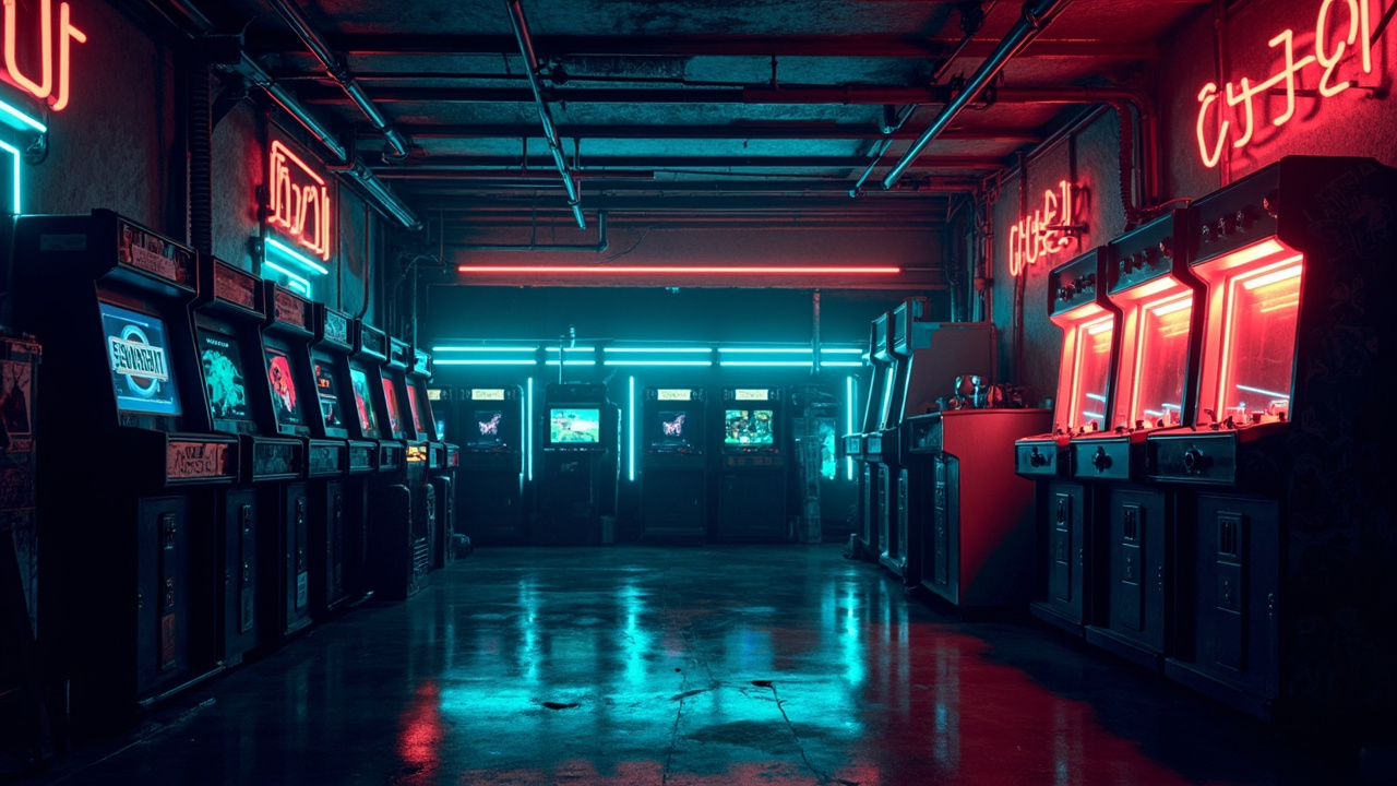 Illustration of a neon-lit retro arcade interior