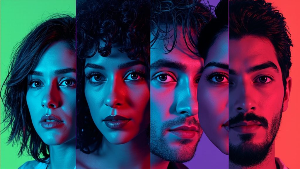 Illustration: A colorful painted illustration displays four dramatic character faces lined up side by side against a background segmented into green, blue, purple, and red panels.