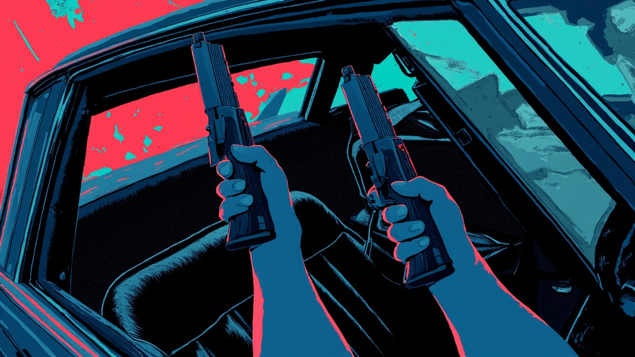 Illustration: Two handguns are held upright by figures beside a damaged car door in a painted illustration.