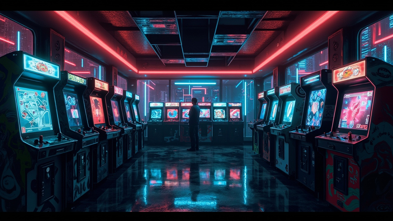 Illustration of a neon-lit retro arcade interior