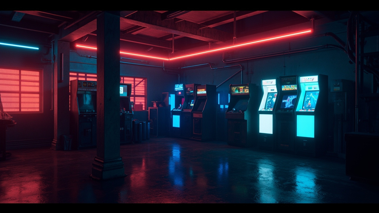 Illustration of a neon-lit retro arcade interior