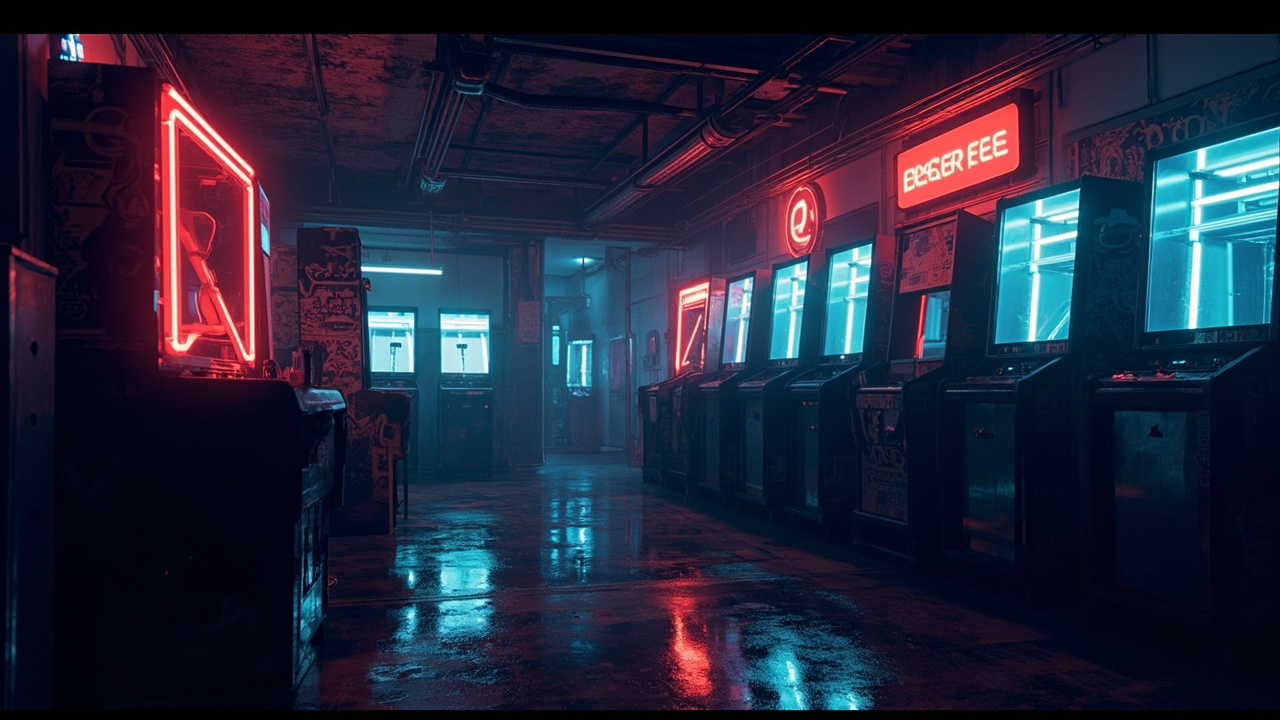 Illustration of a neon-lit retro arcade interior