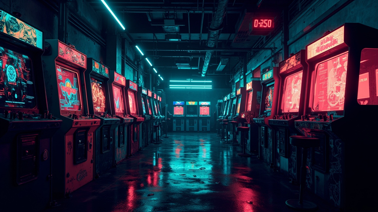 Illustration of a neon-lit retro arcade interior