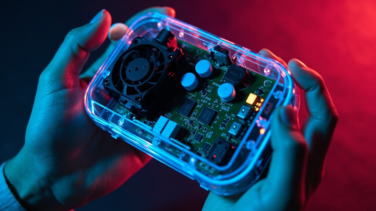 Illustration: A hand holds a transparent blue plastic enclosure containing a green circuit board populated with a cooling fan, three blue buttons, indicator LEDs, and connection ports.
