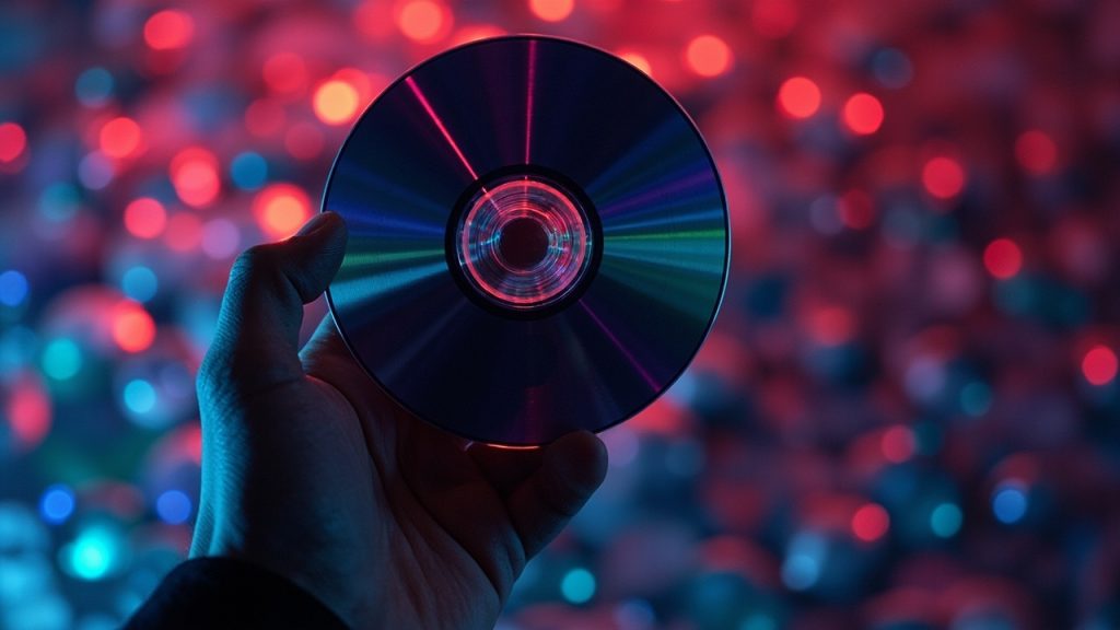 Illustration: A hand holds up a compact optical disc in sharp focus against a blurred background of numerous colorful discs.