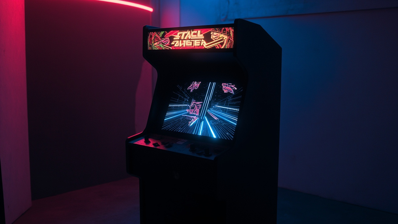 Stylized illustration of a 1980s arcade cabinet with abstract vertically scrolling shooter imagery in neon light
