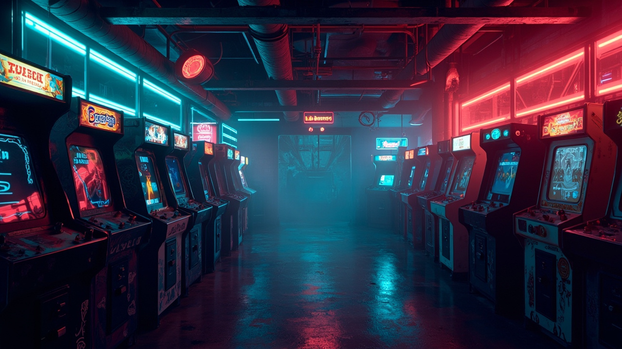 Stylized illustration of a neon-lit arcade interior with rows of glowing game cabinets