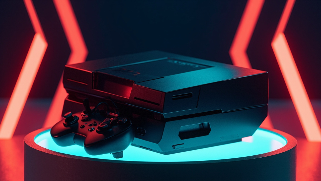 Stylized illustration of a early-2000s game console on a glowing pedestal