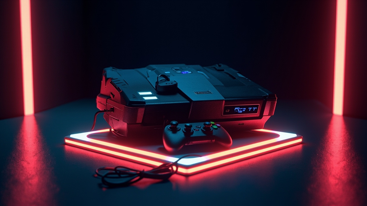 Stylized illustration of a retro-era game console on a glowing pedestal
