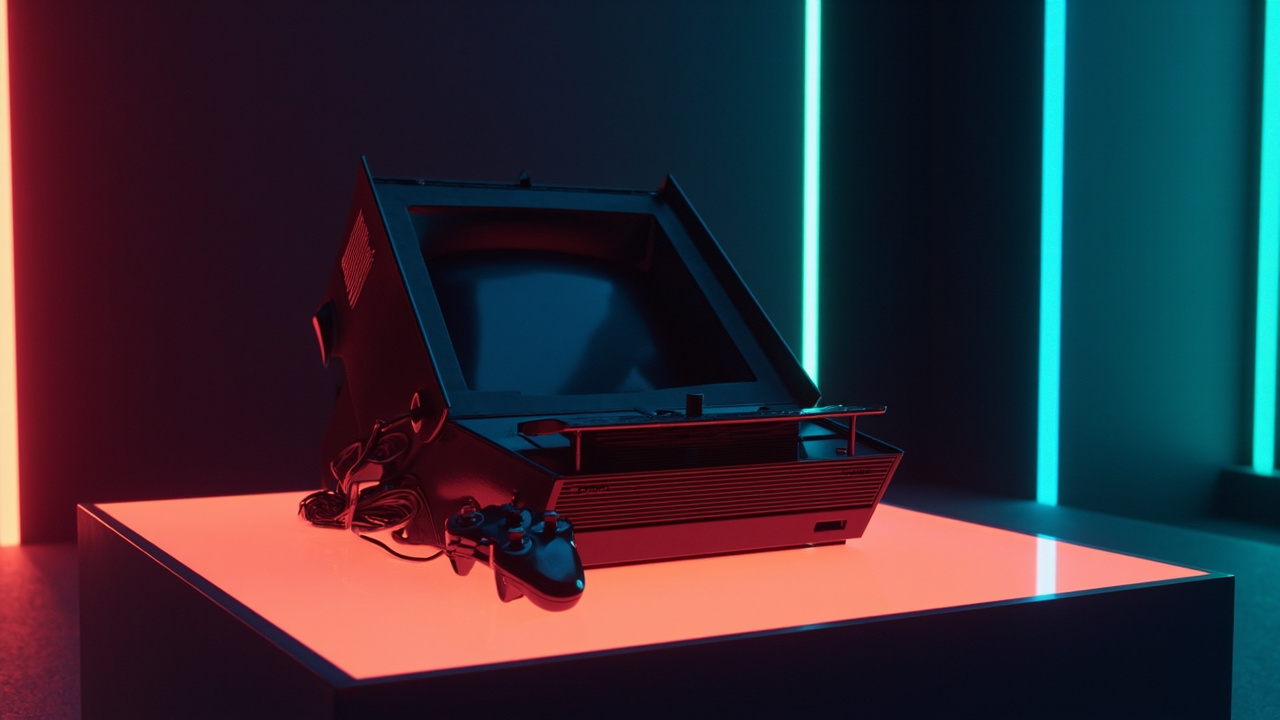 Stylized illustration of a late-1970s game console on a glowing pedestal