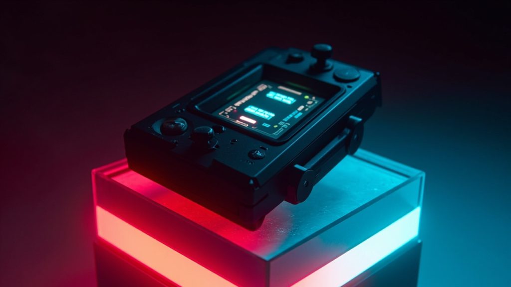 Stylized illustration of a retro-era handheld gaming device on a glowing pedestal