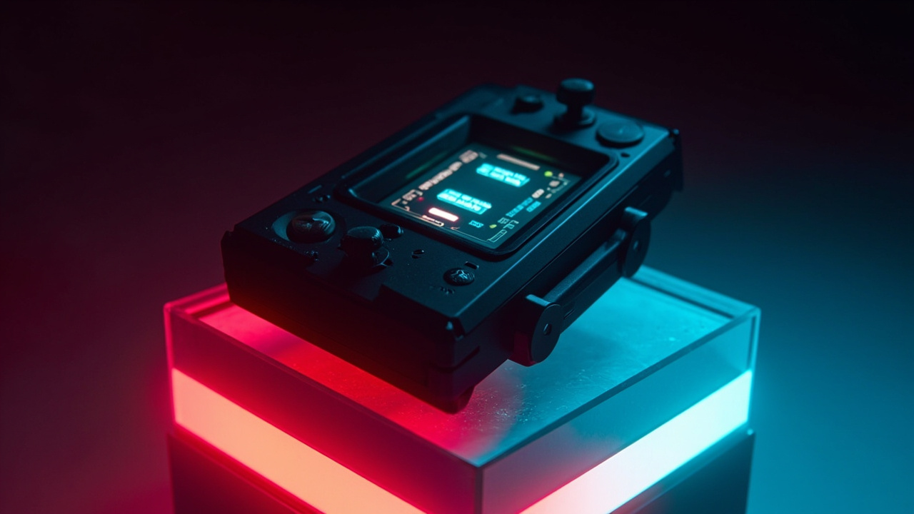 Stylized illustration of a retro-era handheld gaming device on a glowing pedestal