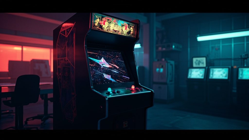 Stylized illustration of a 1980s arcade cabinet with abstract first-person shooter imagery in neon light