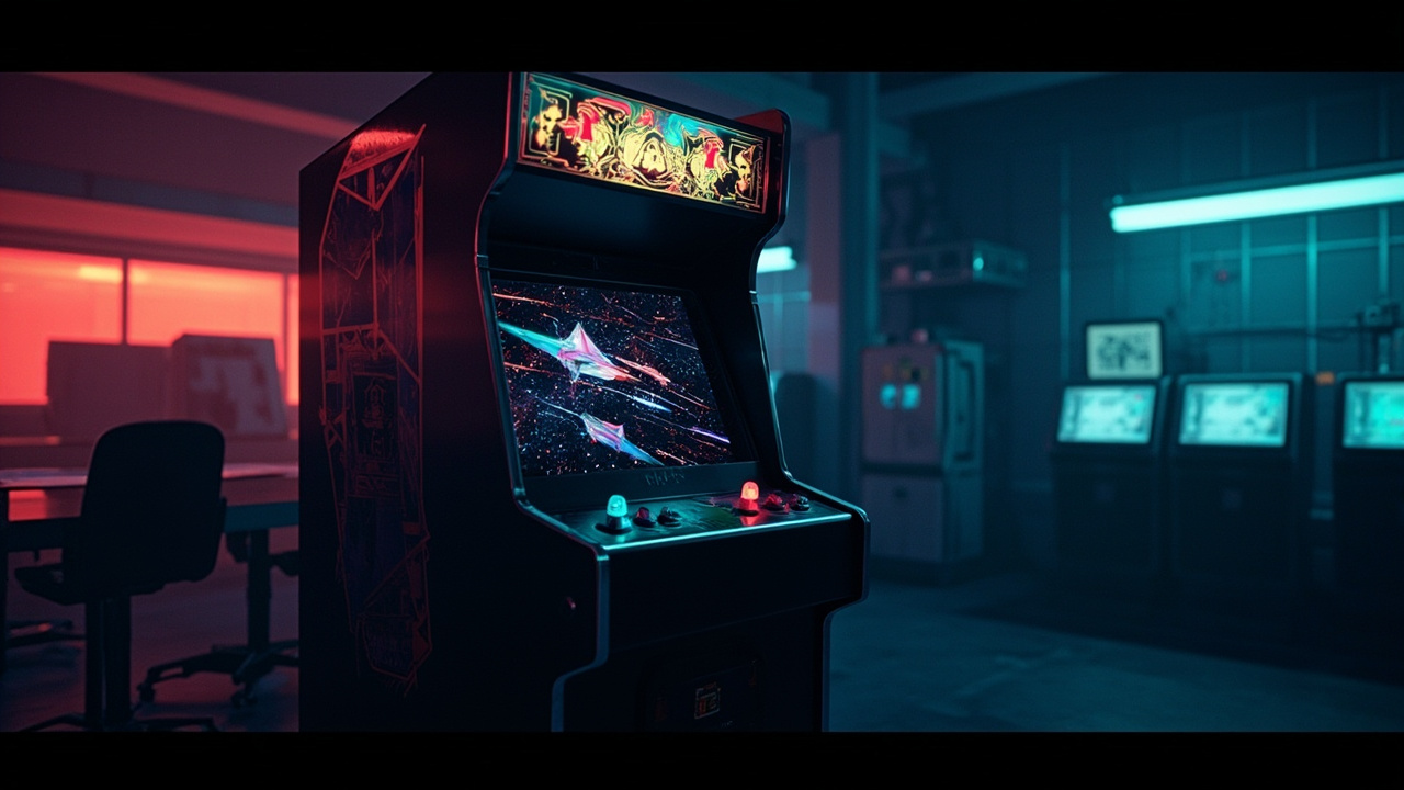 Stylized illustration of a 1980s arcade cabinet with abstract first-person shooter imagery in neon light