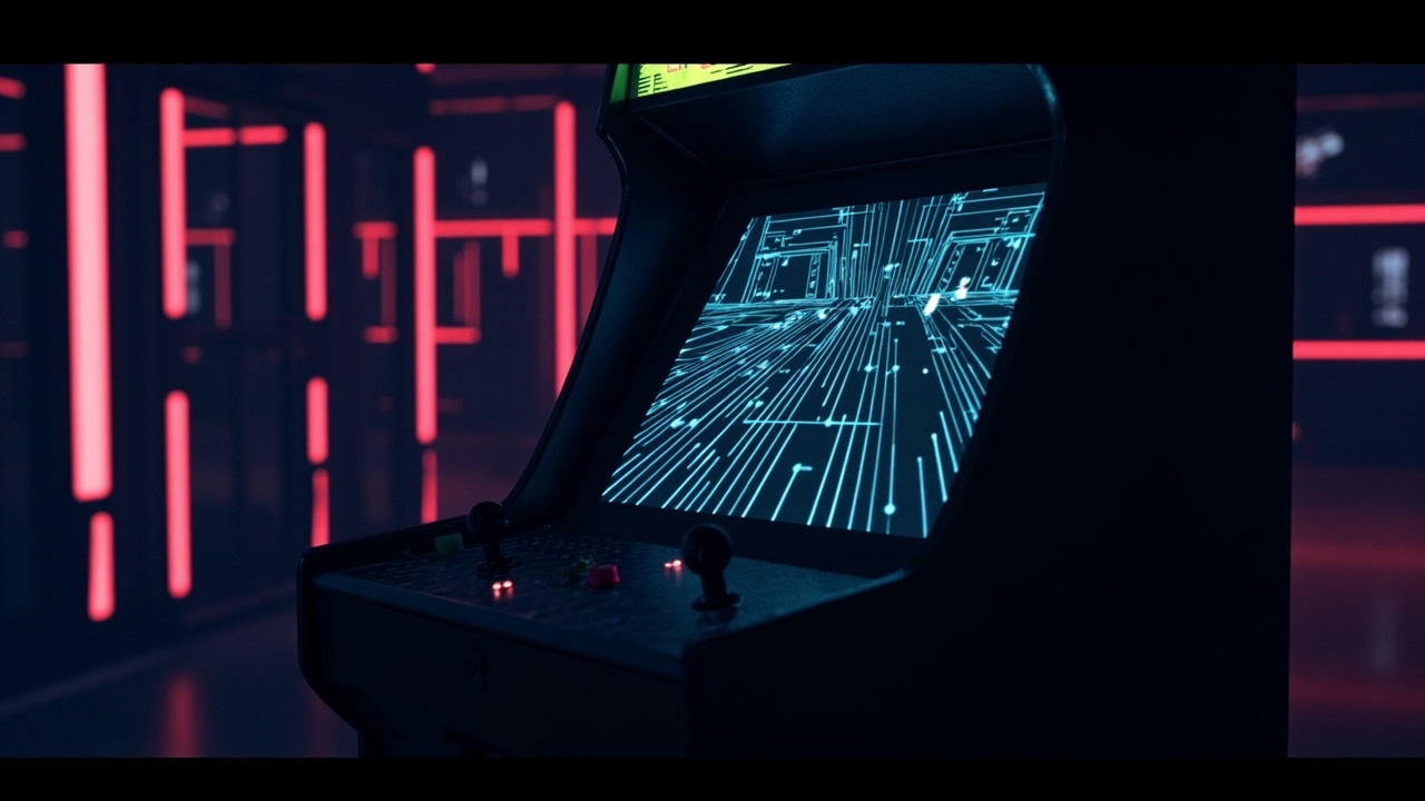 Stylized illustration of a 1980s arcade cabinet with abstract maze-based multidirectional shooter imagery in neon light