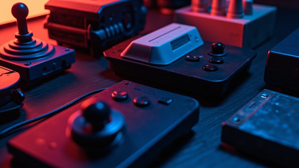 Stylized still-life illustration of retro gaming hardware on a workbench in neon light