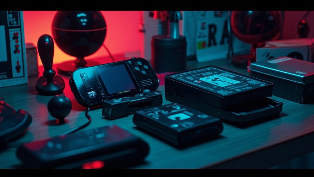 Stylized still-life illustration of retro gaming hardware on a workbench in neon light
