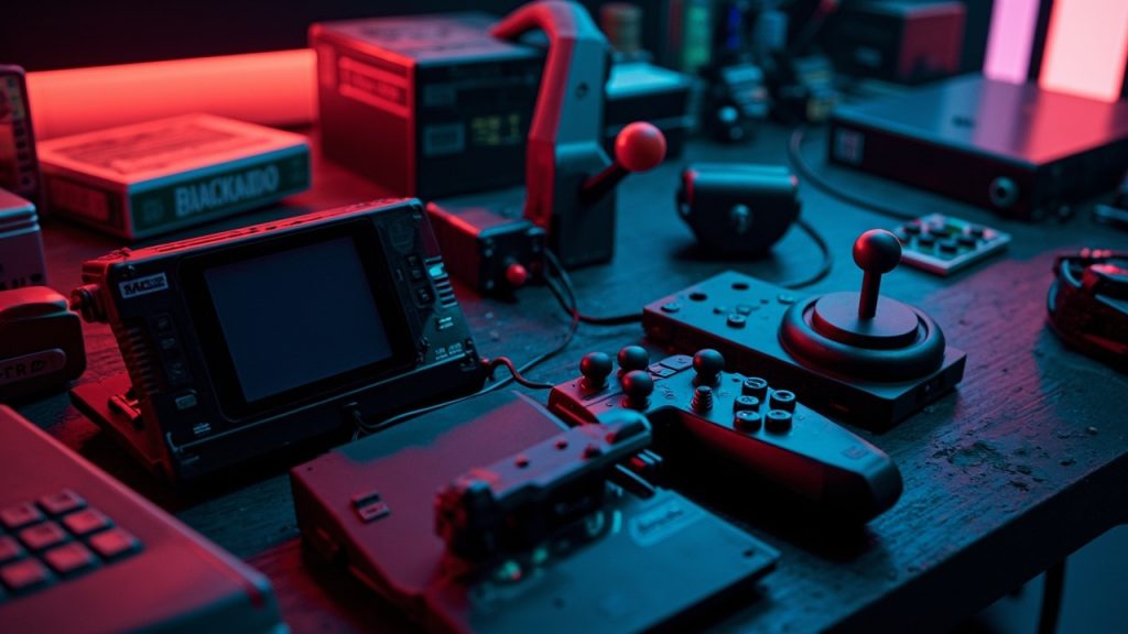 Stylized still-life illustration of retro gaming hardware on a workbench in neon light