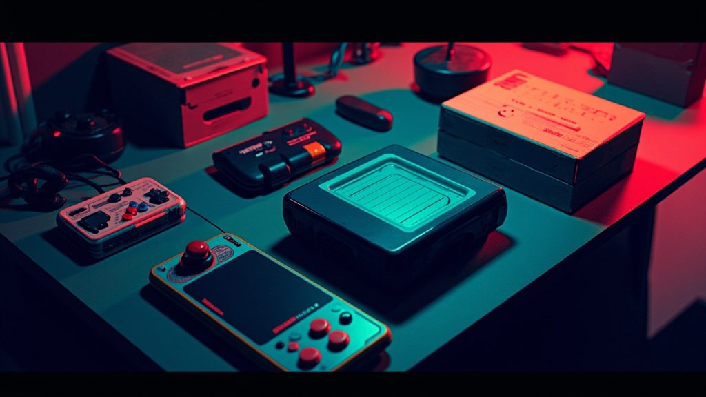 Stylized still-life illustration of retro gaming hardware on a workbench in neon light