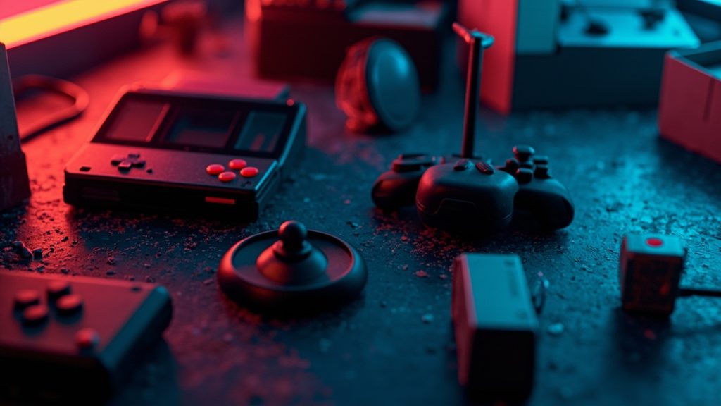 Stylized still-life illustration of retro gaming hardware on a workbench in neon light