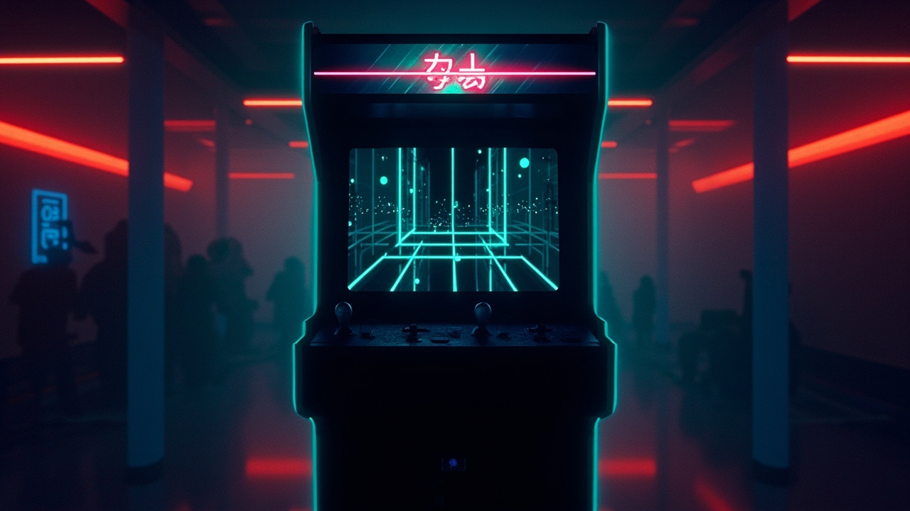 Stylized illustration of a 1980s arcade cabinet with abstract maze imagery in neon light