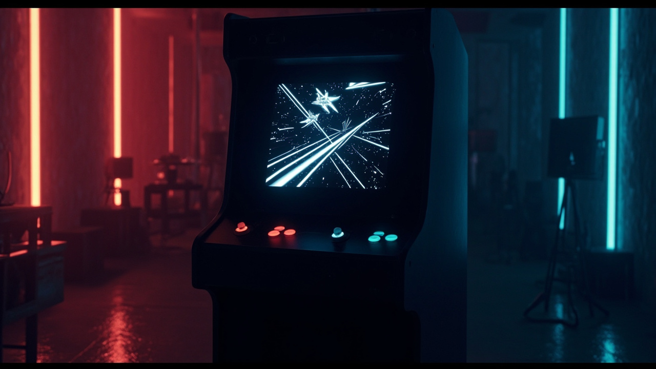 Stylized illustration of a 1980s arcade cabinet with abstract horizontal scrolling shooter imagery in neon light