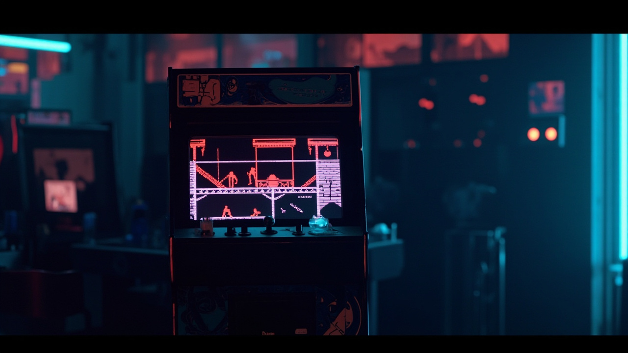 Stylized illustration of a 1980s arcade cabinet with abstract platform imagery in neon light