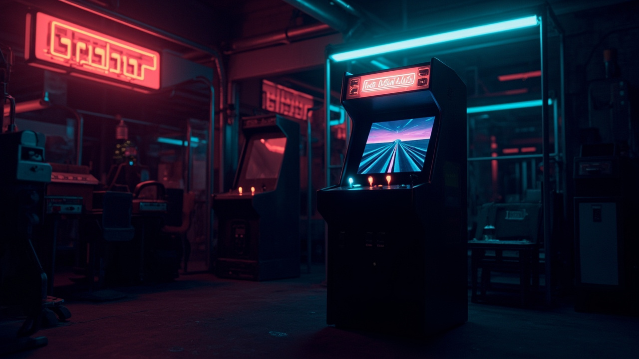Stylized illustration of a 1980s arcade cabinet with abstract interactive film/action-adventure imagery in neon light