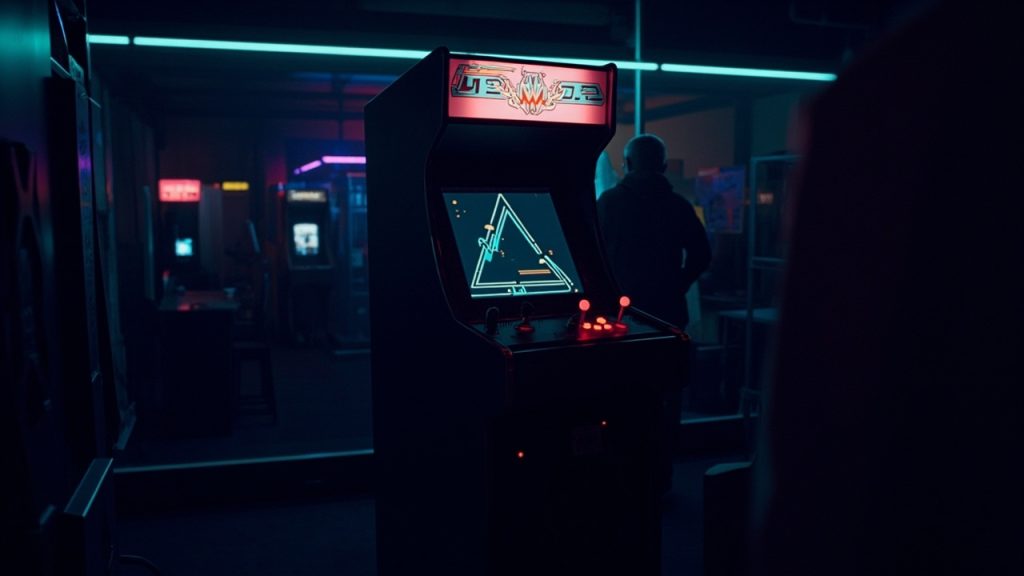 Stylized illustration of a 1980s arcade cabinet with abstract action imagery in neon light
