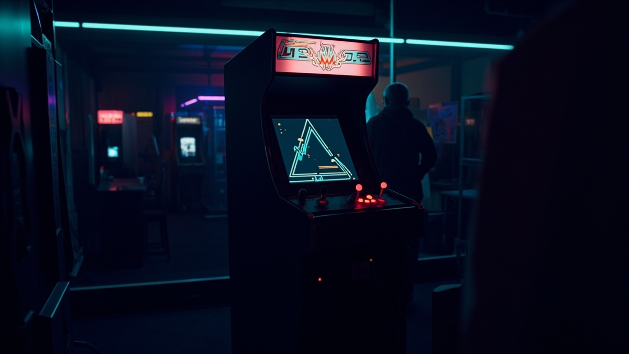 Stylized illustration of a 1980s arcade cabinet with abstract action imagery in neon light