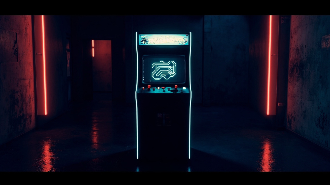 Stylized illustration of a 1980s arcade cabinet with abstract run and gun imagery in neon light