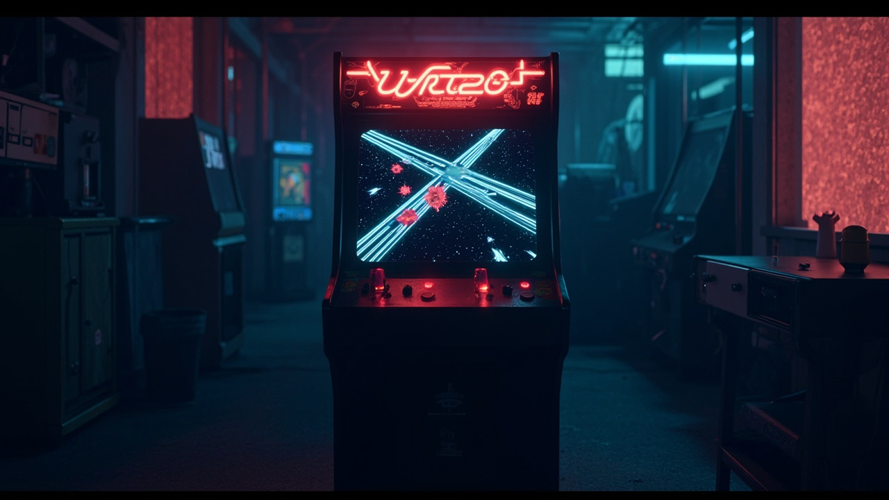 Stylized illustration of a 1980s arcade cabinet with abstract fixed shooter imagery in neon light