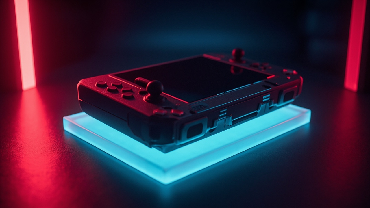 Stylized illustration of a 2010s handheld gaming device on a glowing pedestal