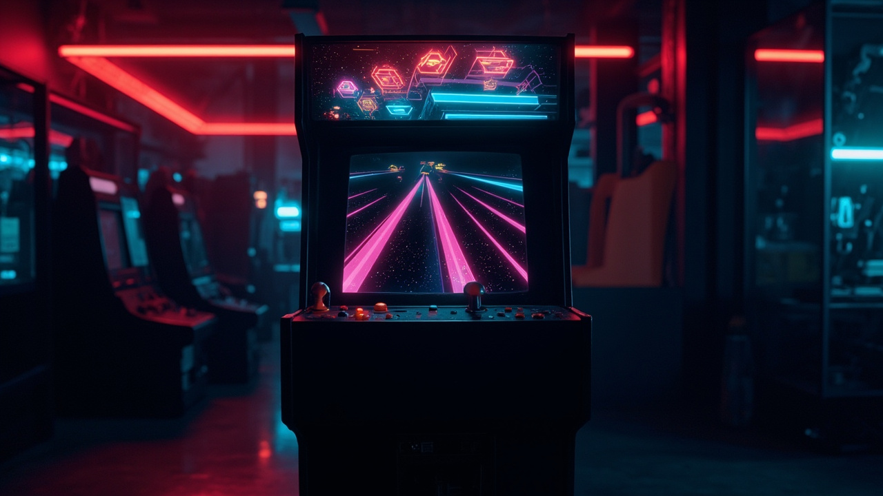 Stylized illustration of a 1980s arcade cabinet with abstract tube shooter imagery in neon light