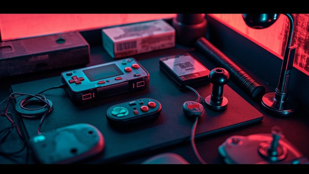 Stylized still-life illustration of retro gaming hardware on a workbench in neon light
