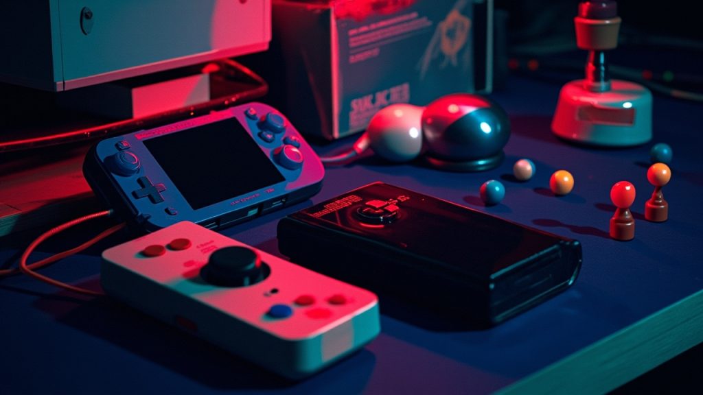 Stylized still-life illustration of retro gaming hardware on a workbench in neon light