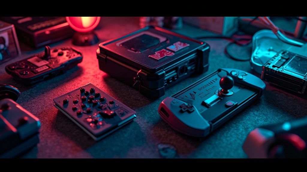 Stylized still-life illustration of retro gaming hardware on a workbench in neon light