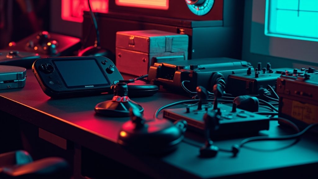 Stylized still-life illustration of retro gaming hardware on a workbench in neon light