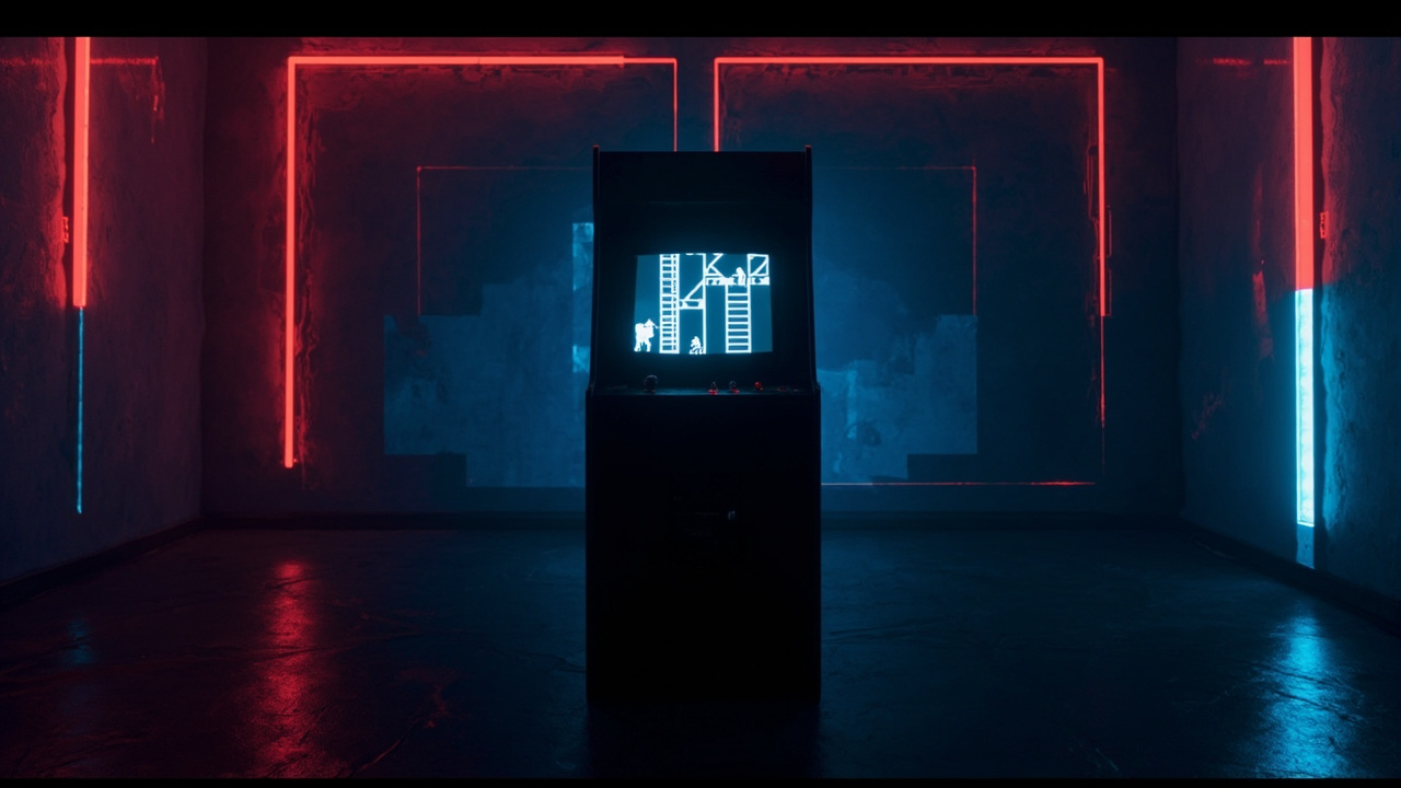 Stylized illustration of a 1980s arcade cabinet with abstract action platformer imagery in neon light